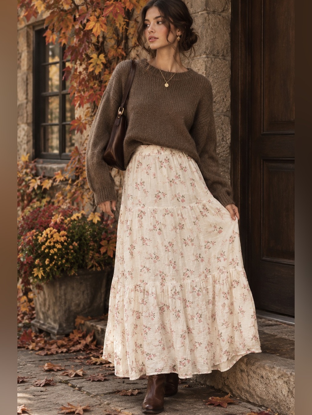 by One Floral Tiered Maxi Skirt XL Cream Pink Cottagecore Boho
